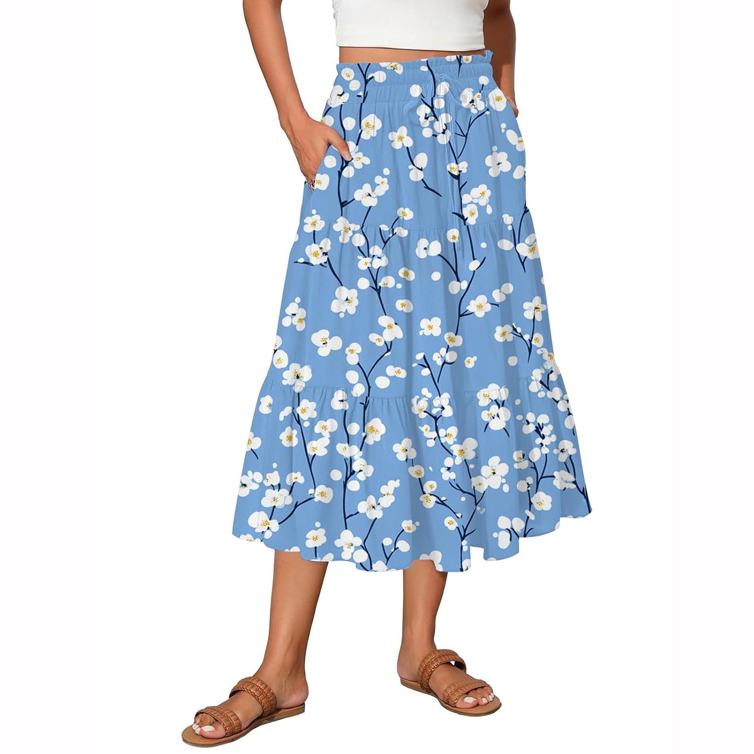 Long Skirts for Women a Line Drawstring Maxi Skirts Pleated Trendy Summer Beach Cover Up Sexy Lightweight Boho