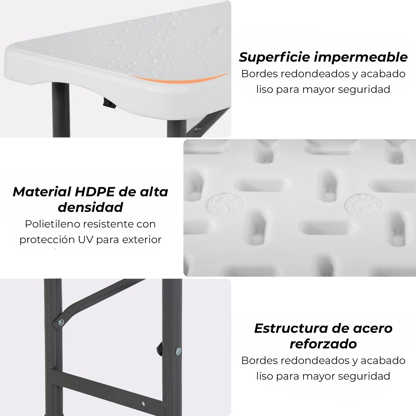 YOEVU Banco Plegable Portátil Multifuncional, Plástico HDPE, 183x28x43cm, Capacidad 300kg, para Jardín Exterior Camping y Patio, Moderno, Blanco