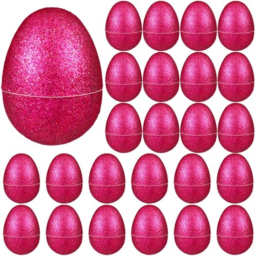 Simgoing 24 Pcs Glitter Easter Eggs Plastic Easter Fillable Hinged Eggs Bulk 2.3 Inch for Hunt Basket Stuffer Surprise Party Favor Treats Gifts(Red)