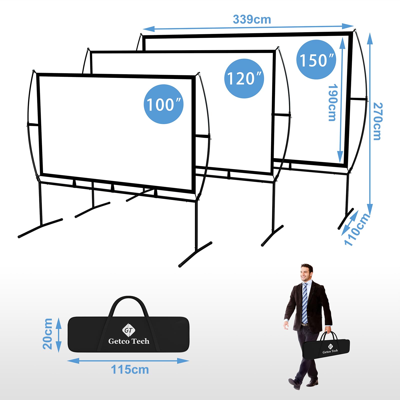 Tela videoproiettore 339X270Cm (150'') 16:9 schermo per videoproiettore facile da montare e da usare, adatto per home theater ed all'aperto Schermo per proiettore