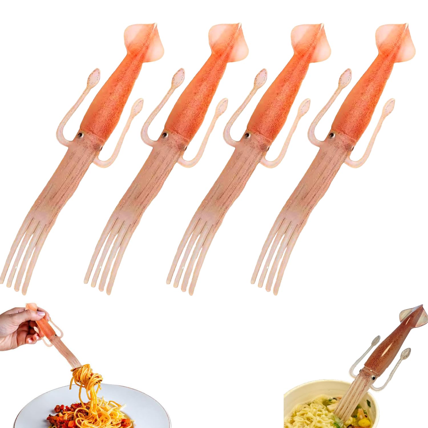 Squid Noodle Fork?Pasta Fork?Pasta Tools?Heat-Resistant Silicone Fork?Multi-Purpose Forks for Ramen/Pasta/Salad (4 PC)