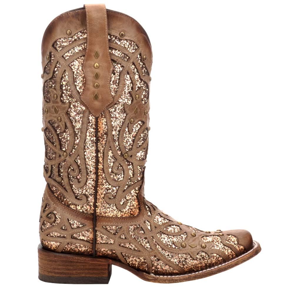 Corral Boots Womens Glitter Tooled Inlay Square Toe Casual Boots Knee High Low Heel 1-2 - Brown -