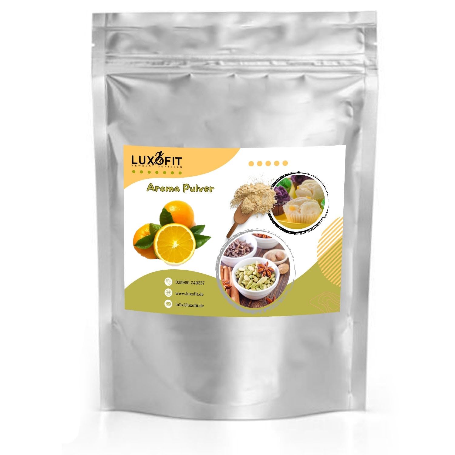Luxofit Orange Aroma Pulver, Aromatisierung von Getränken und Lebensmittel, Vegan und Vegetarisch, Allergenfreie Aromen, Geschmacksverfeinerung in der Küche, Made in Germany (500 g)