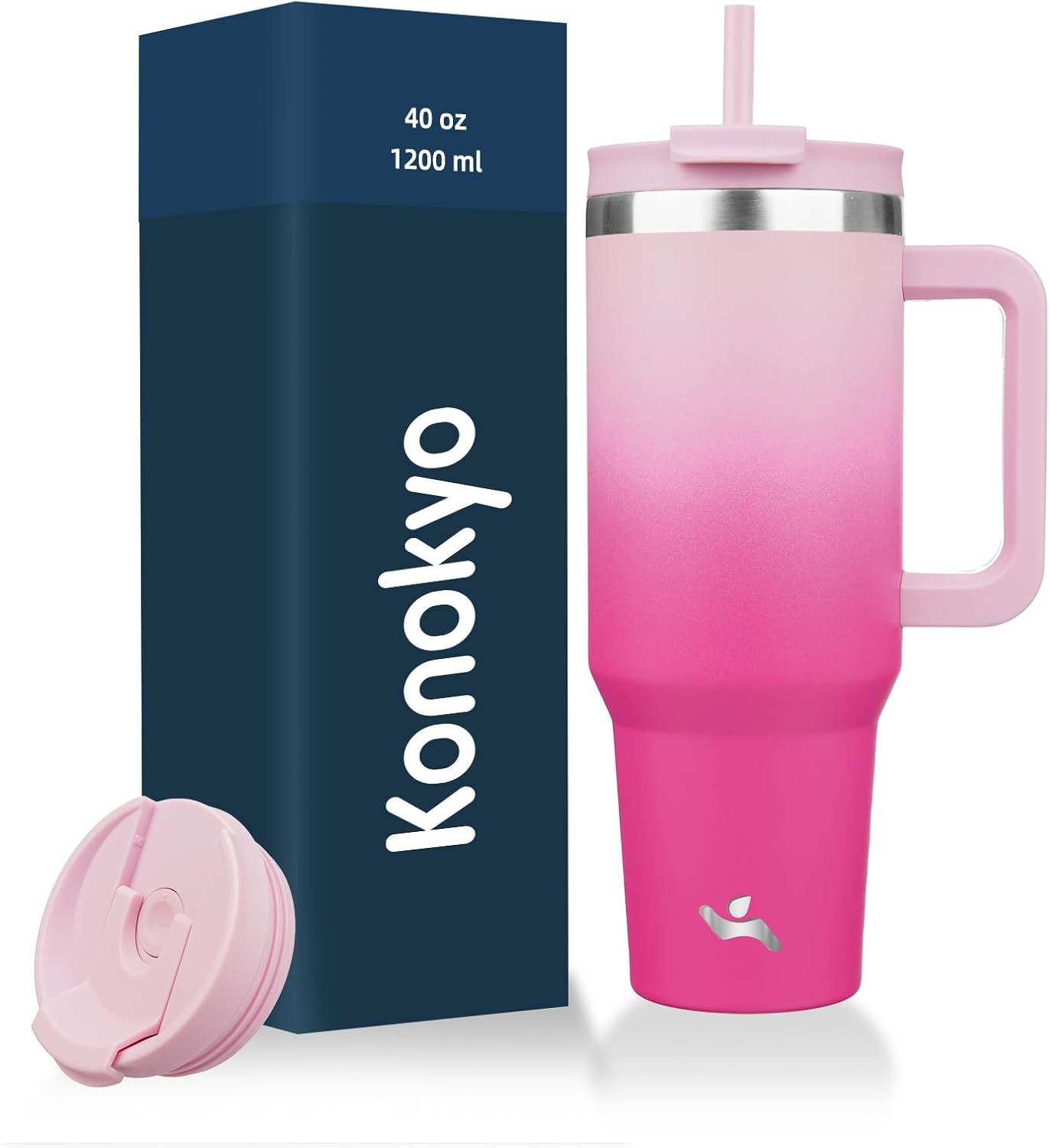 Konokyo 40 oz Tumbler with Handle and 2 Straws,2 in 1 Lid Insulated Water Bottle Stainless Steel Travel Coffee Mug,Cherry Blossoms