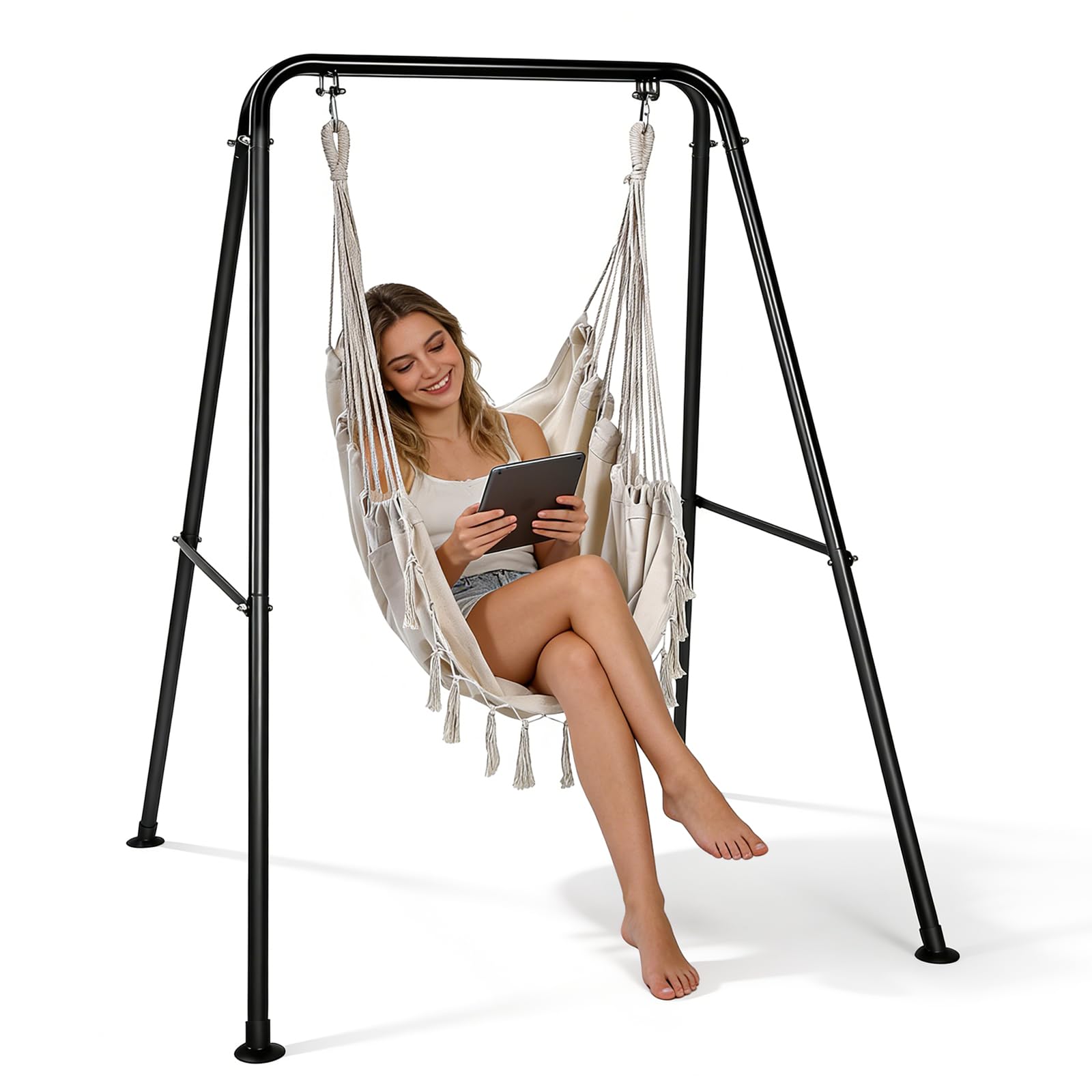 Heavy-Duty Hammock Chair with Stand, Handwoven Hanging Chair with 2 Soft Cushions, Reinforced Metal Frame, Stable Base, 330lbs Capacity - Easy Assembly for Patio, Balcony, Garden Indoor Outdoor