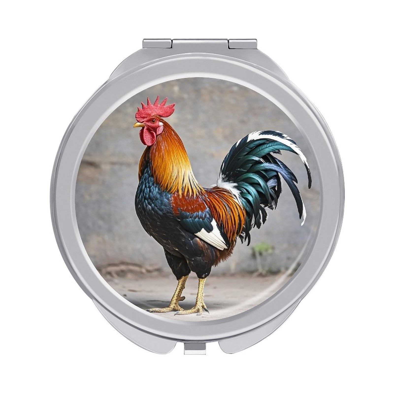 FekiLoot Rooster Travel Makeup Mirror for Women Folding Portable Hand Compact Mirrors Small Round Vanity Mirror 1X/2X Magnifying Metal Pocket Makeup Mirrors