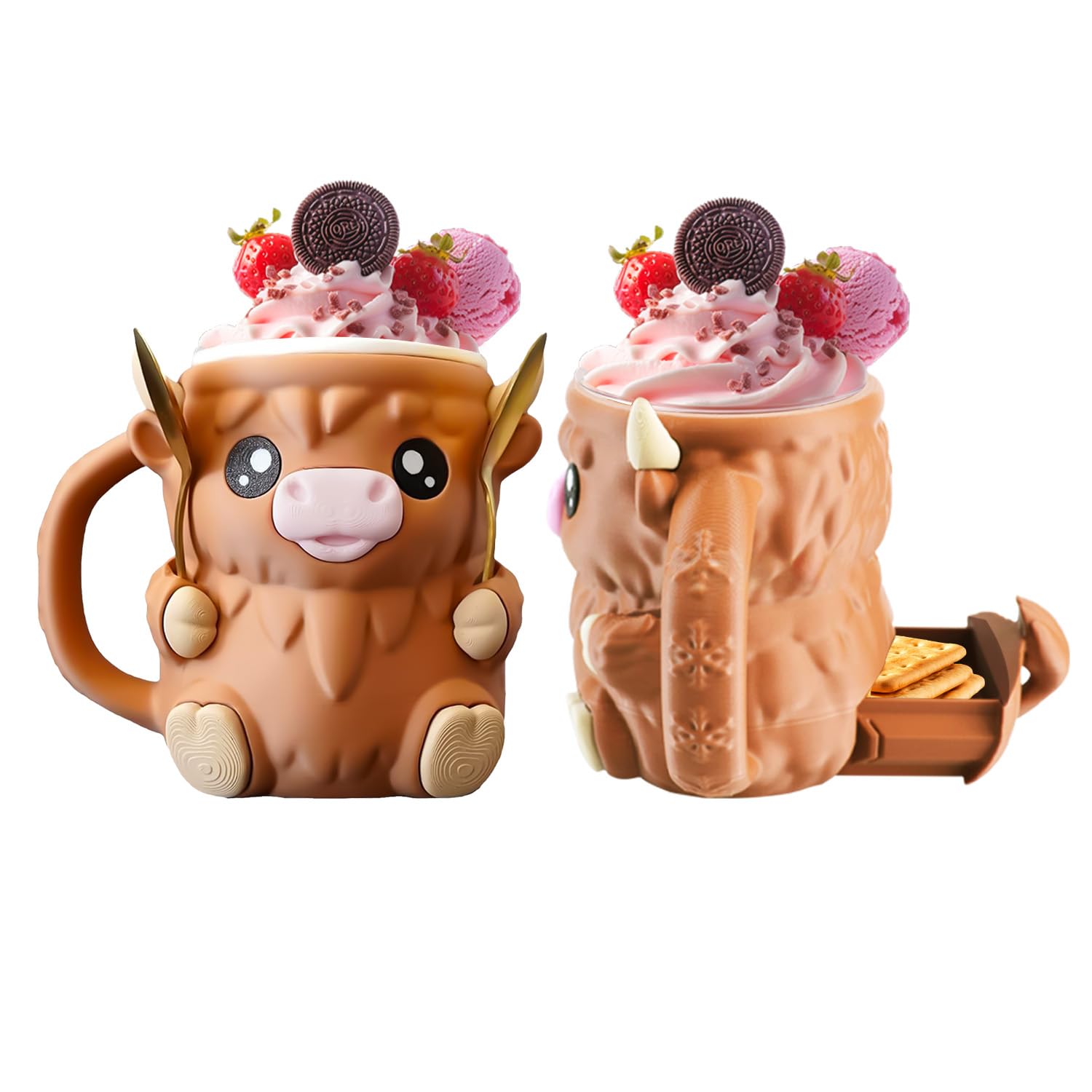 Highland Cow Ice Cream Holder with Handle and Spoon 3D Reusable Ice Cream Tub Pint Holder with Snack Drawer Cute Animal Anti-Freeze Cup Holder for Ice Cream Beer Can (Large)