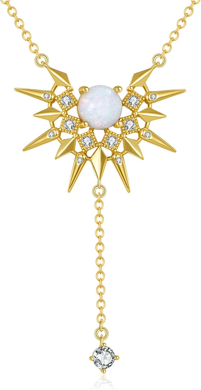 Moissanite Sun Y-Necklace for Women, 925 Sterling Silver 8mm Opal Sun Celestial Pendant Necklace, 18k Gold-Plated Celestial Jewelry Gift for Wife Mom Anniversary Birthday, 18+2 Inch
