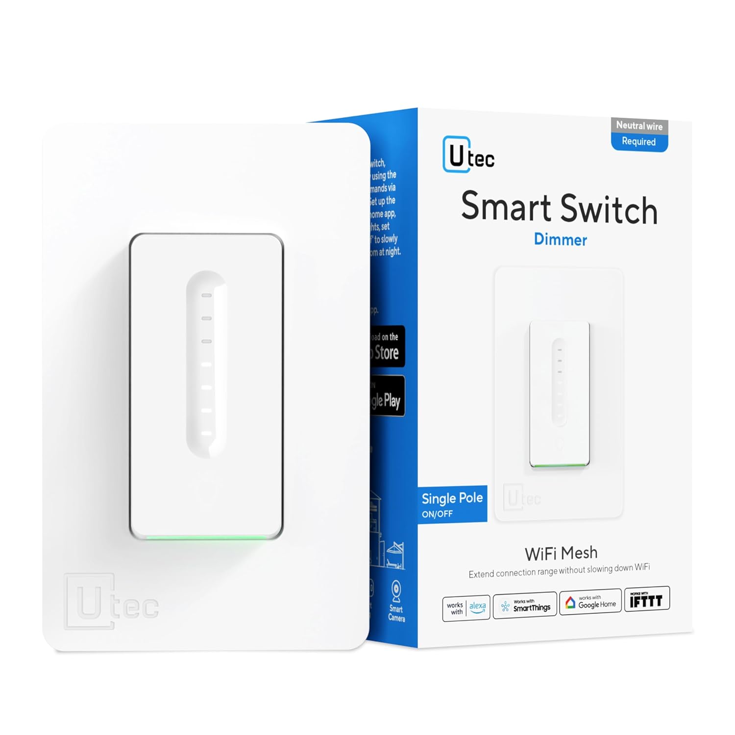 UTEC Smart Dimmer Switch, Single-Pole Smart WiFi Mesh Switch for Dimmable Bulbs, Compatible with Alexa, Google Assistant and SmartThings, 2.4GHz Wi-Fi Only, FCC/ETL Certified, No Hub Required, 1 Pack