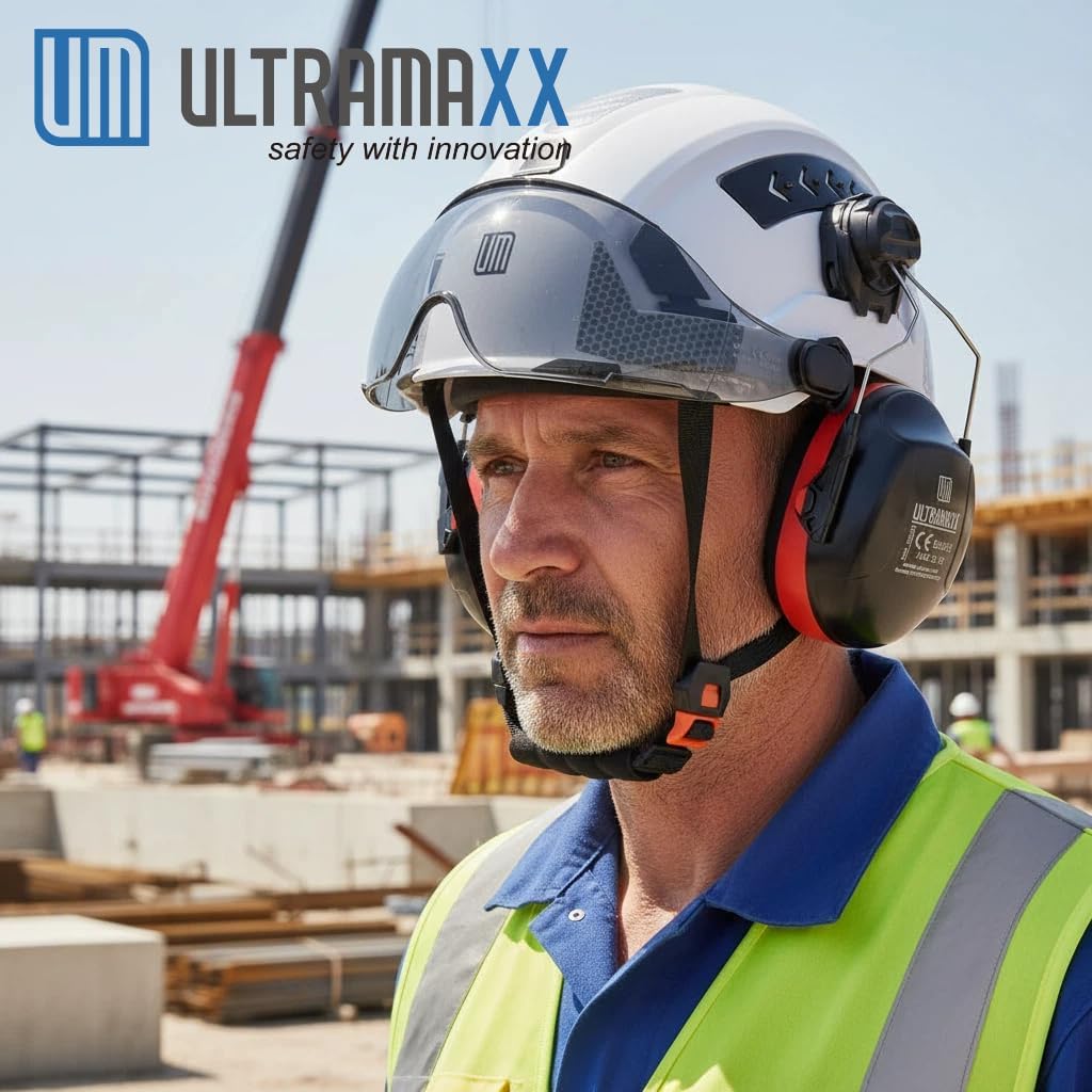 UM ULTRAMAXX Hard Hat | Adjustable Visor & Detachable Ear Muffs | ANSI Z89.1 Type II Class C Certified, Construction Helmet with Quick Ratchet Fit, Vented, Reflective Strips