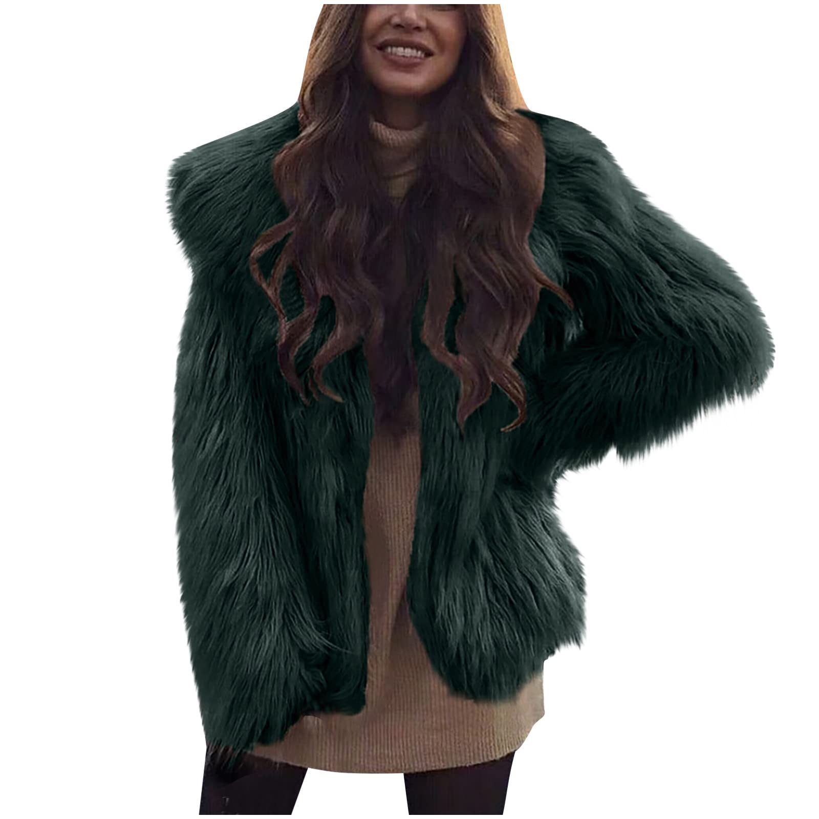 Women's Vintage Faux Fur Elegant Cardigan Jacket UK Long Sleeve Shaggy Soft  Open Coat Winter Warm Coats Longline Solid Coat Warm Furry Faux Overcoat