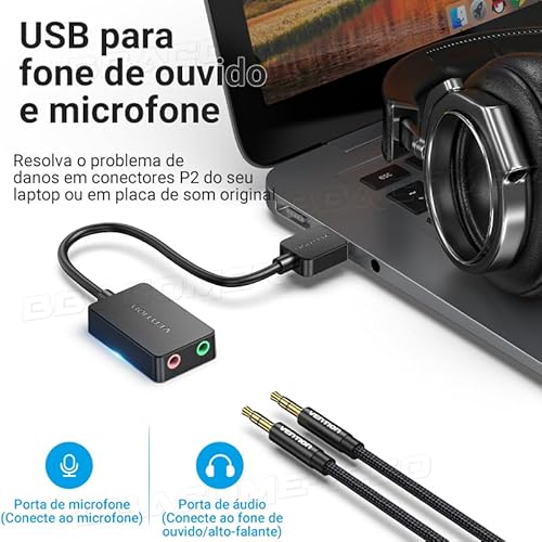 Placa de som USB Externa VENTION Para Headset, Computador, Notebook, Consoles, com Duas saídas Porta