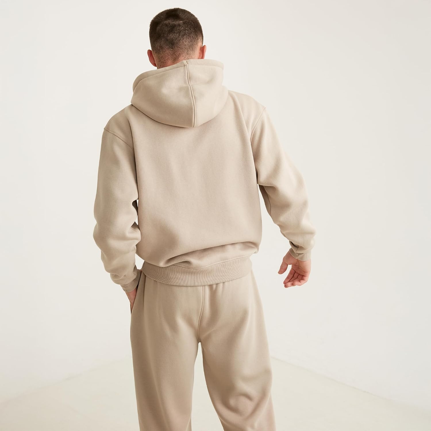 Six Stories | Hubby Embroidered Hoodie in Stone Beige | Soft & Cozy Fleece Pullover Loungewear Sweater