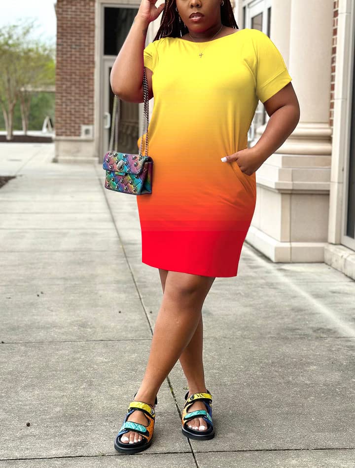 Image of PINSV Women Plus Size Summer Casual T Shirt Dresses Short Sleeve Tunic Dress with Pockets Yellow Gradient 4XL1