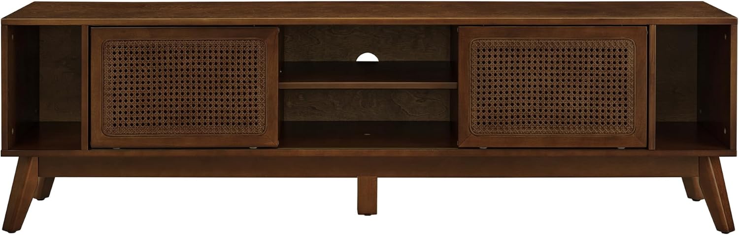 Amposei Mid Century Modern TV Stand Entertainment Center for 65/70/75 inch TVs, Sliding Rattan Door Wooden Console Storage Cabinet with Wood Legs for Living Room, Walnut