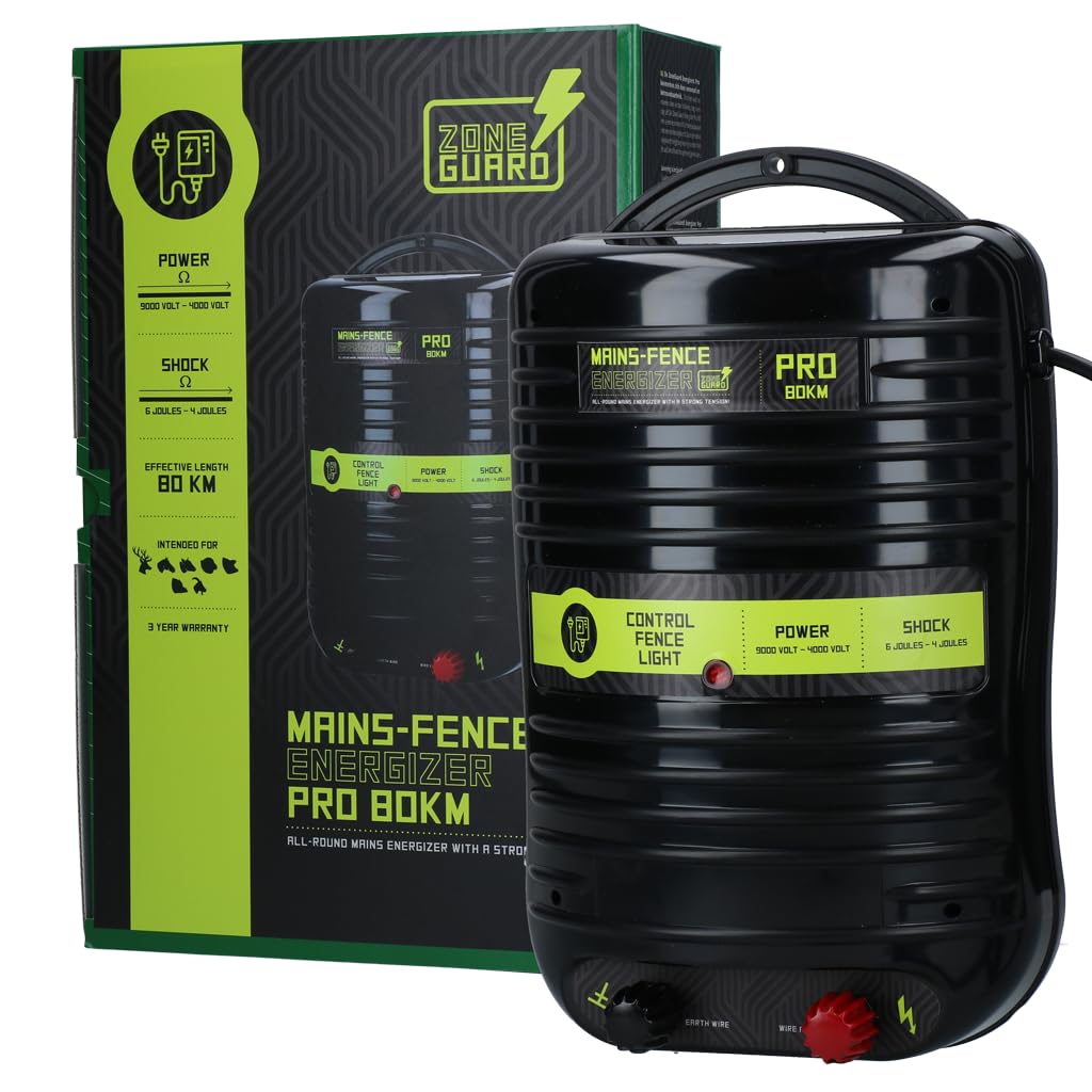 ZoneGuard Energizers Pro – 80 KM – Recinzione elettrica – Sistema di recinzione elettrica – Dissuasione animali selvatici – Per animali domestici – Cani – Potente