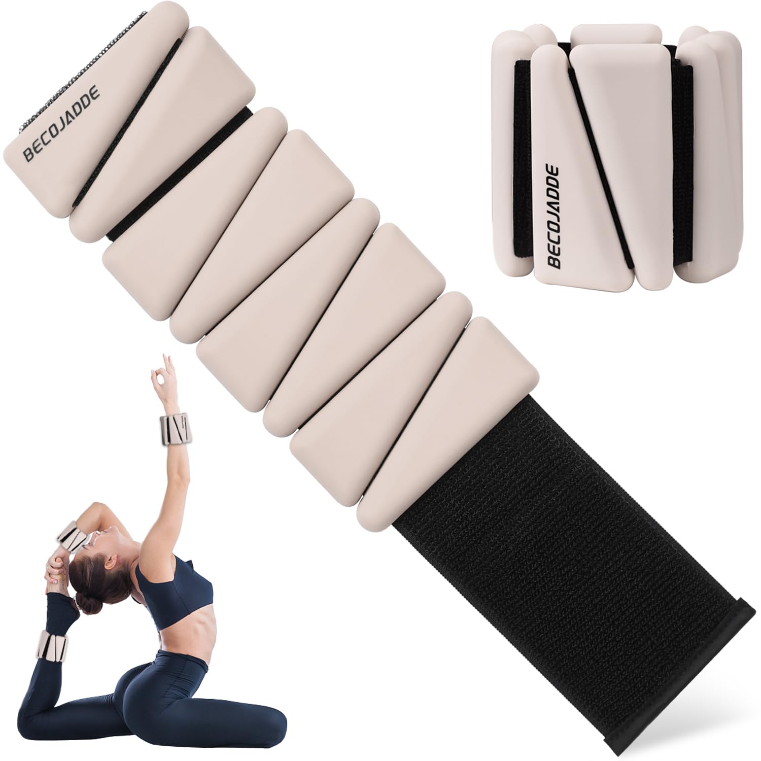 BECOJADDE Ankle Weights Set of 2 (Each 0.9kg) for Women Men Adjustable Silicone Wrist Weights Wearable Arm & Leg Weights for Home Pilates Yoga Walking Running Training, Beige