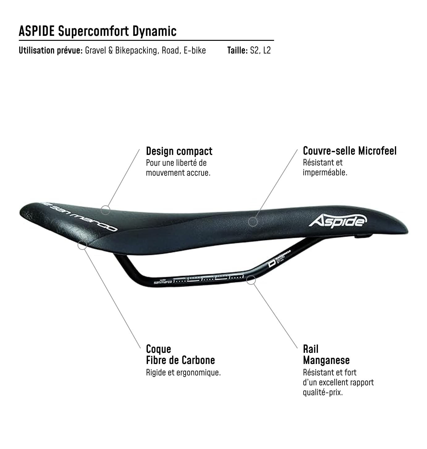 Selle San Marco ASPIDE Supercomfort Dynamic - Selle Gravel, Siège étroit, Gel Renforcé, Forme Incurvée, Rail Acier Alliage