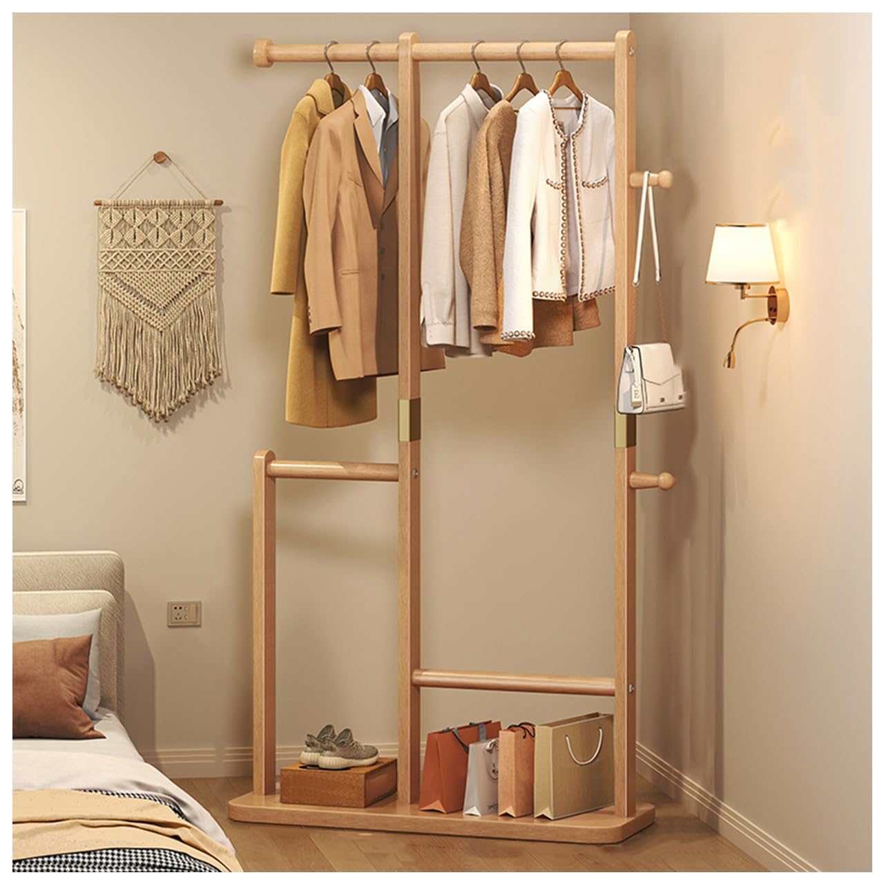 BEARQUN Retro Wooden Coat Rack, Industrial Coat Rack with Hooks and Shoe Storage, for Clothes/Bags/Hats: 40/48/60/70CM, Sturdy Freestanding Coat Rack : Walnut/Wood/White
