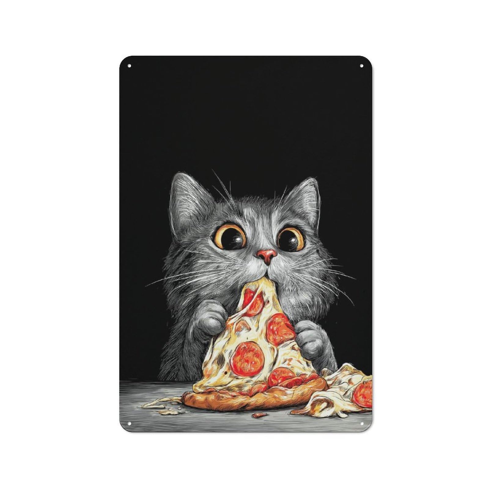 Junmoney Cat Eating Pizza Slice Illustration Metal Sign 30X20cm With For Hallway Wall, Rustic Decor, For Furnishing A New Hallway With Rustic Decor