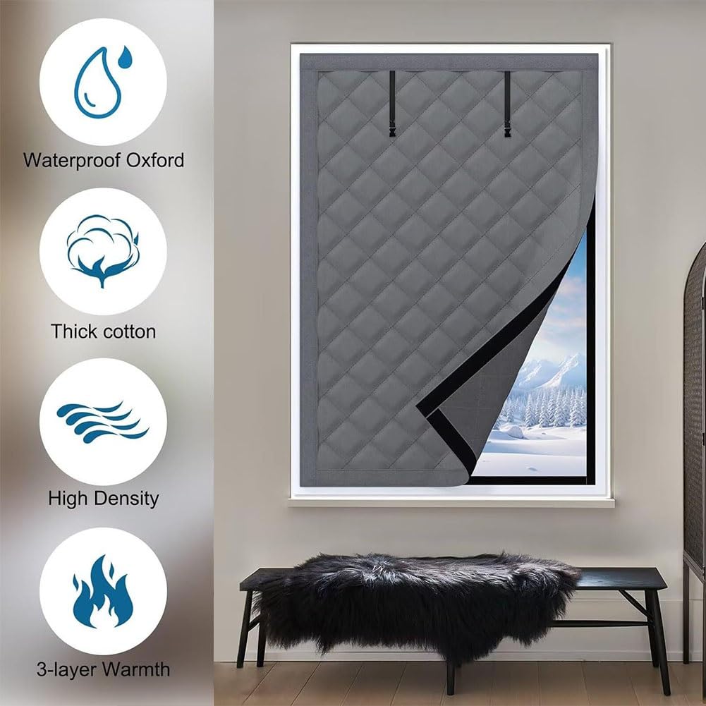 Fensterisolationsset für den Winter,Fenster Isolierung Gegen Kälte,Oxford-Stoff Wärmeschutzvorhang,Thermische Fensterabdeckung aus Baumwolle(Schwarz,130x190 cm)