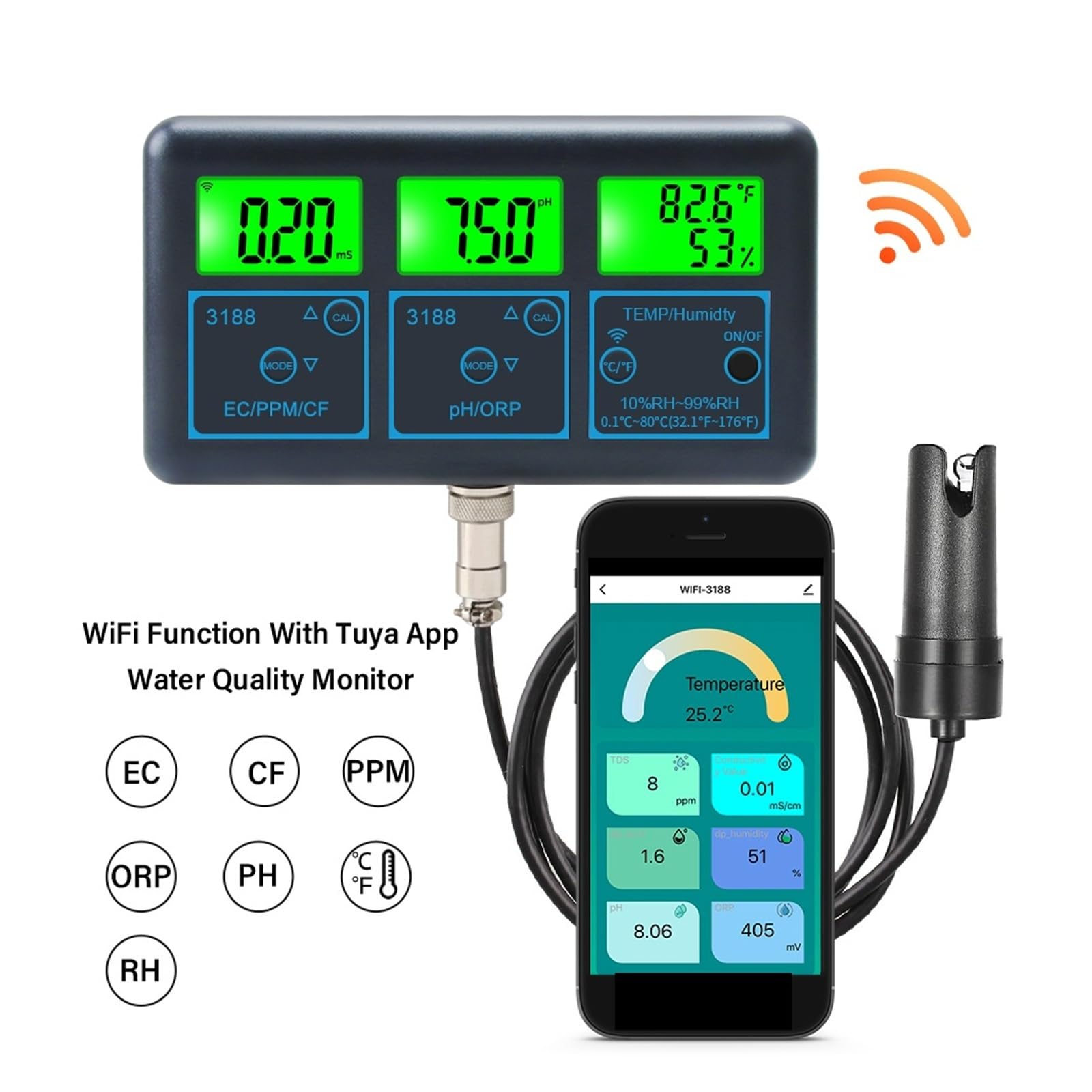 Misuratore di pH WiFi, temperatura, TDS, EC, ORP, tester dell'acqua, analizzatore digitale intelligente con app Tuya,Resistenza alla corrosione