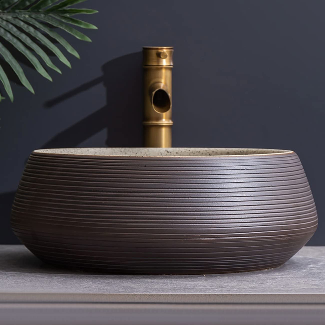 Okrągła Umywalka Nablatowa, Minimalistyczna Porcelanowa Umywalka Łazienkowa Nablatowa, Ceramiczna Umywalka Z Baterią W Kształcie Bambusa, O Teksturze Linii