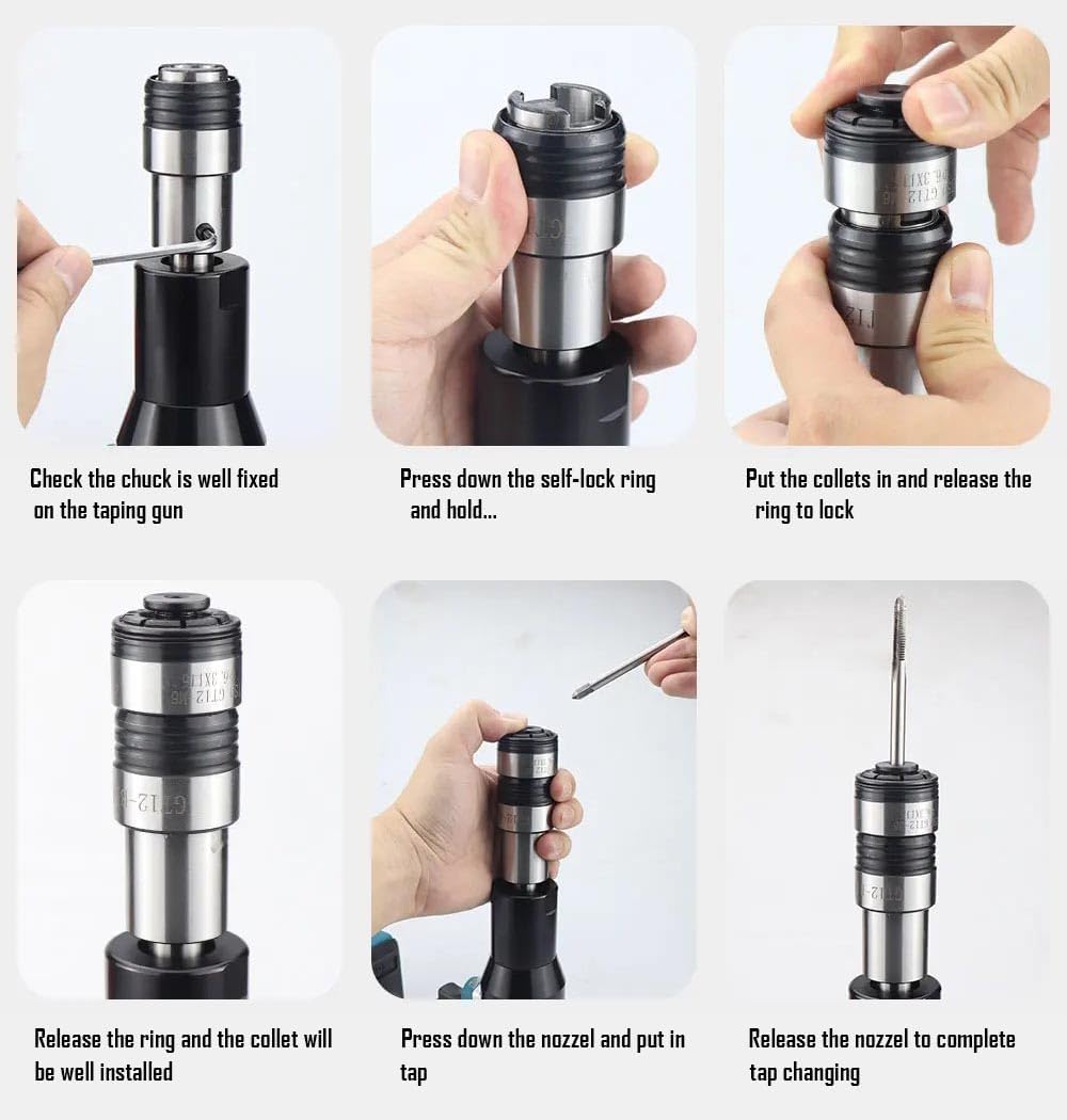 Cordless Tapping Gun, Battery Operated Tapper Handheld Power Tapping Machine with ANSI Collets for M4-M12 Taps, Protective Chucks, Automatic/Manual, Portable, 5.0Ah Battery