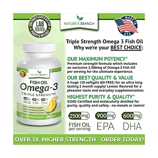 Best Triple Strength Omega 3 Fish Oil Pills 2400mg | 120 Capsules | Burpless High Potency Lemon Flavor | 864mg EPA 576mg DHA Ultra Pure Liquid Softgels | Brain Joints Eyes Hair Heart Health Supplement