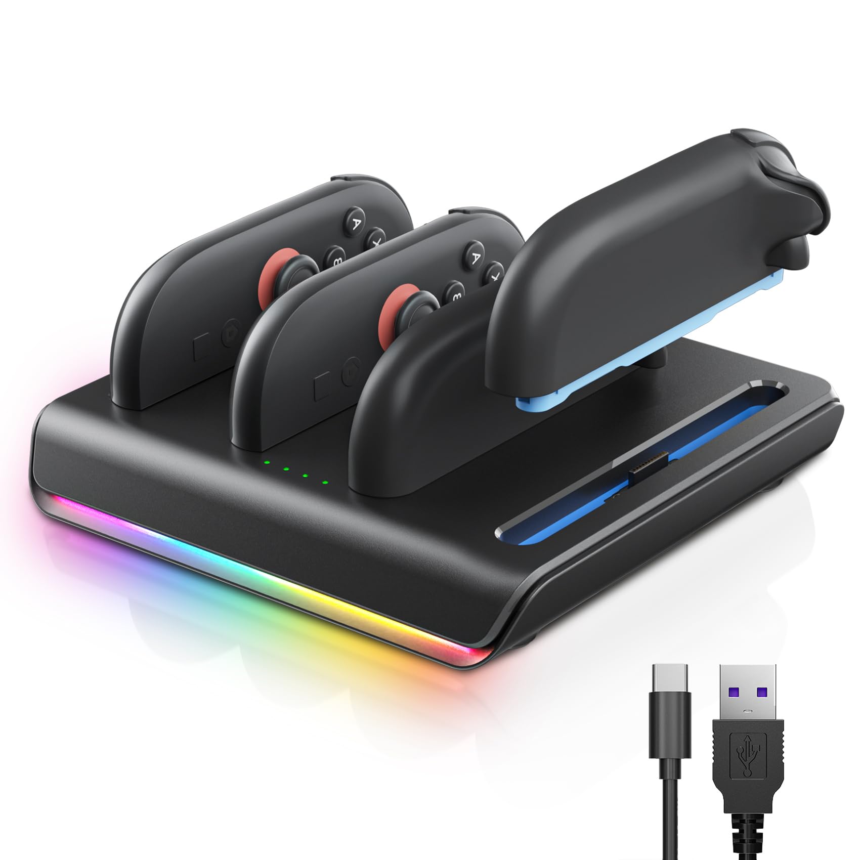 Joycon Charger Dock for Switch 2, 4-in-1 Switch 2 joycon Charging Dock with 8 RGB Lighting Modes, LED Indicators, 5V/2A Fast Magnetic Charging, Circuit Protection, and USB-C Cable (Black)