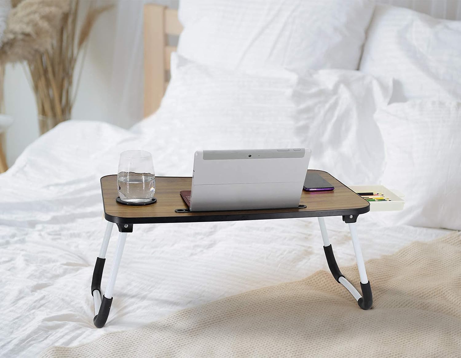Laptop Bed Table, Portable Laptop Bed Desk with Side Drawers, Laptop Bed Tray Table Reading Holder with Foldable Legs & Cup Slot : Electronics