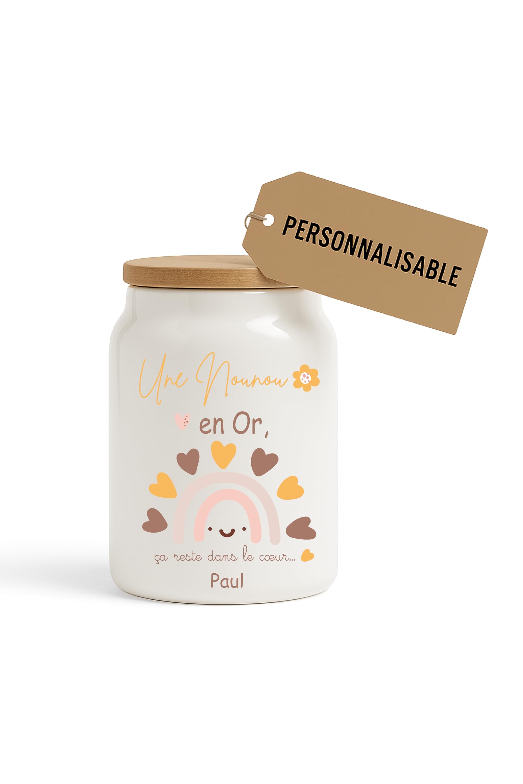 Générique Pot à cookies 500 ml “Une Nounou en Or” – Cadeau personnalisable fête des nounous ou Noël – Pot à biscuits arcenciel en céramique avec couvercle bambou –