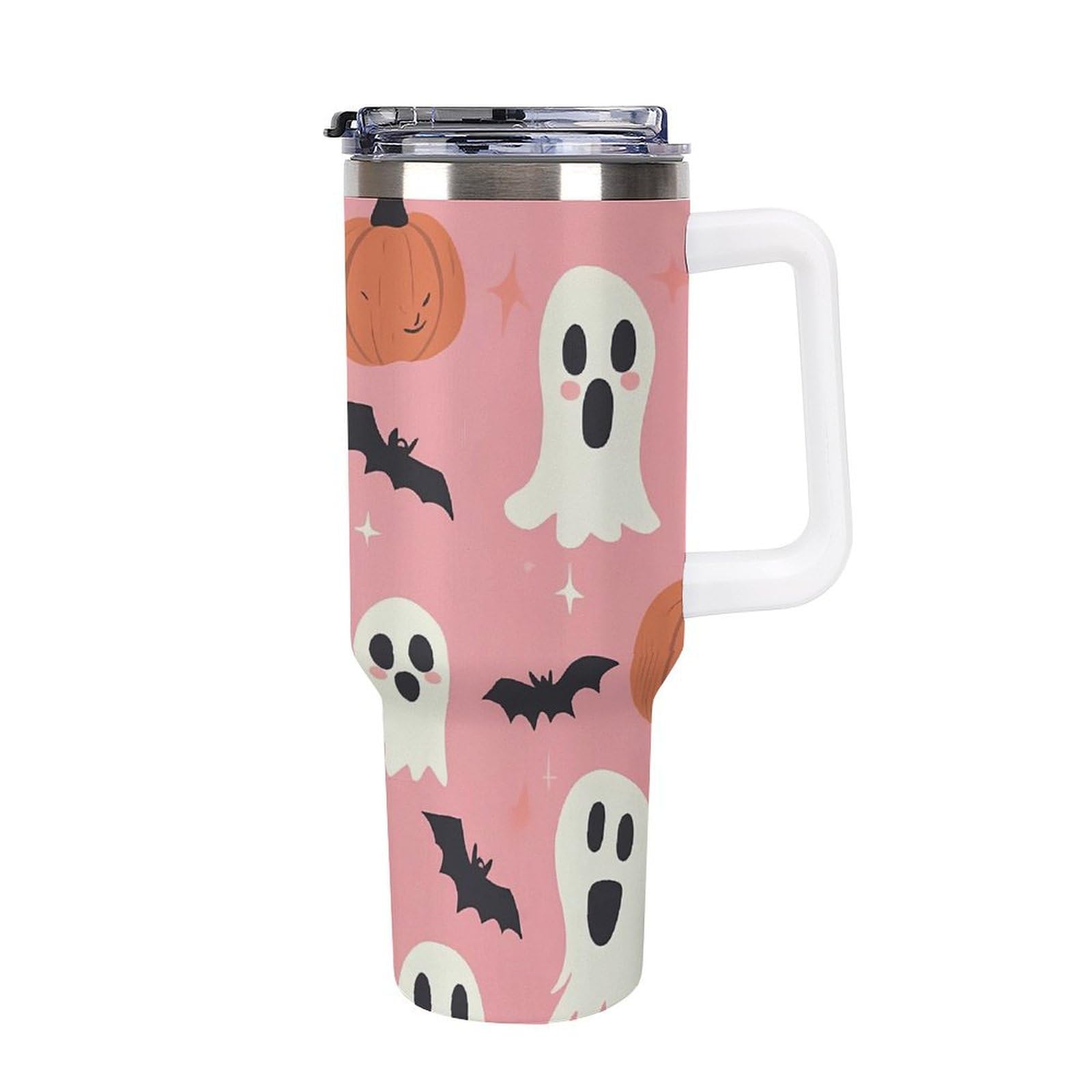 CSIVKEJ 40 Oz Fall Pink Ghost Mug (with Lid and Straw), Pink Ghost Travel Coffee Cup,Fall Gift for Pink Ghost Enthusiasts, Pink Ghost Decor and Accessories