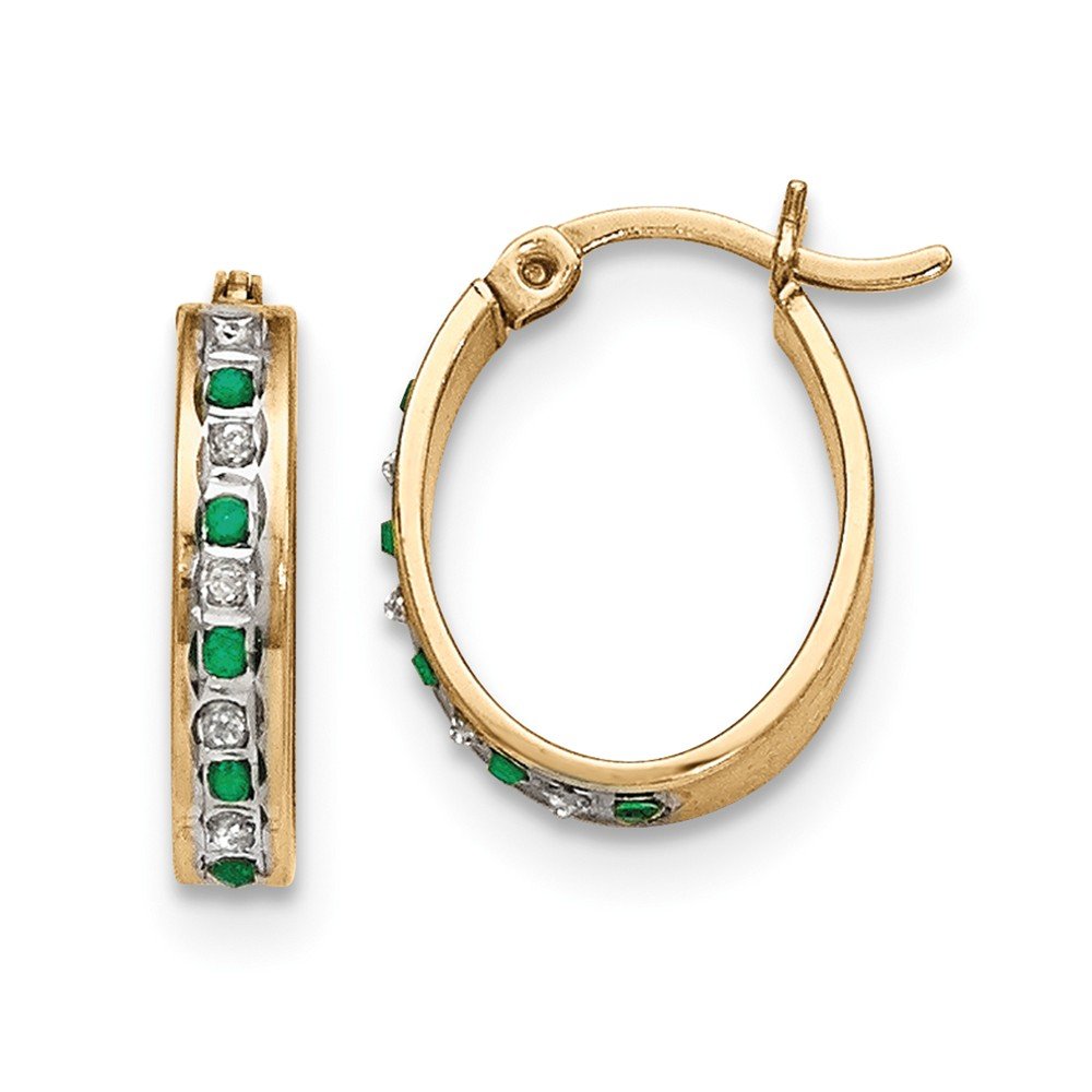 Yellow Gold Plated Sterling Silver Diamond & Emerald Oval Hoop Earrings