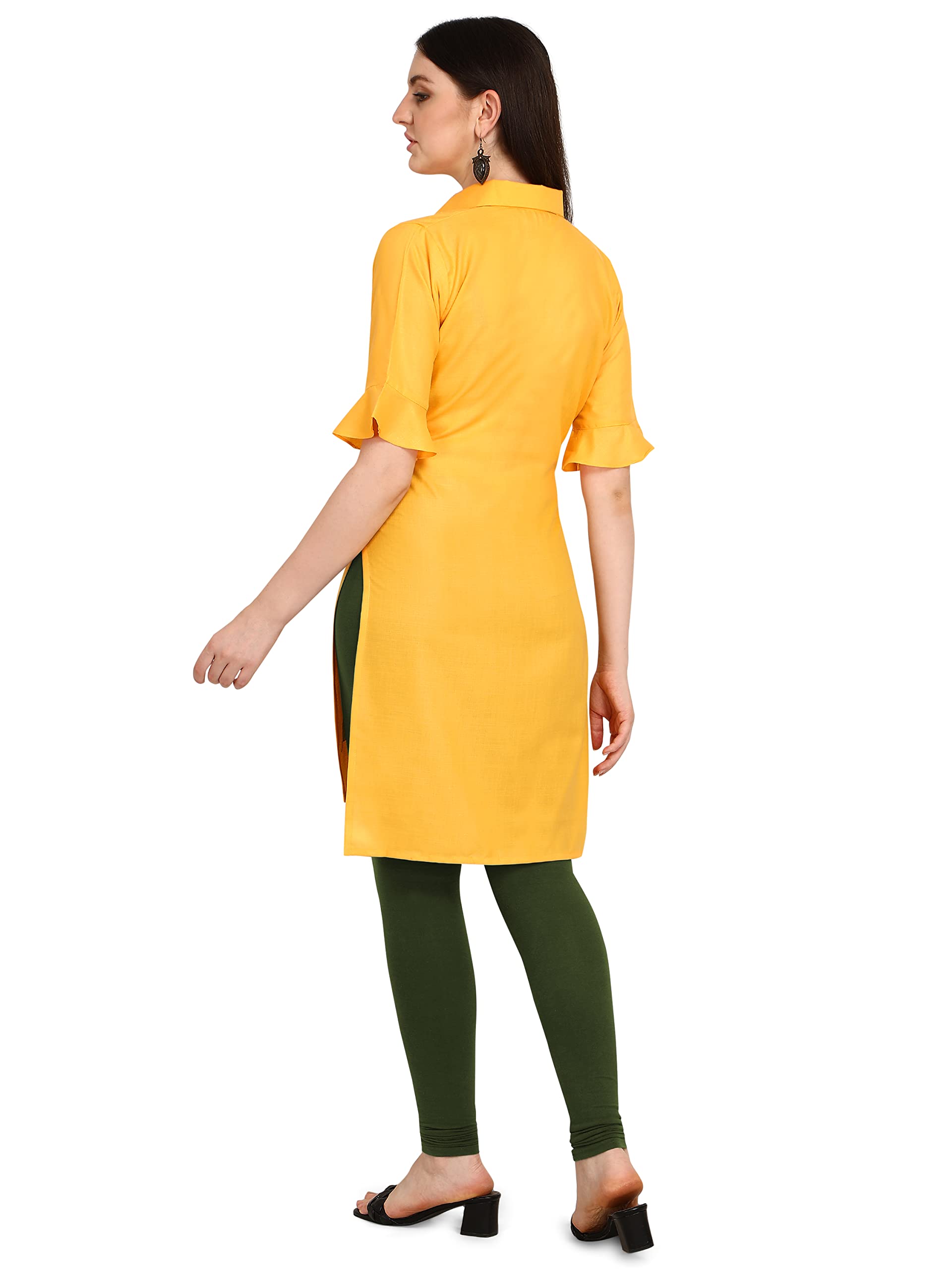 Leriya Fashion Designer Slub Cotton Fully Stitched Anarklai Kurti For Women & Girls On Jeans Palazzo & Skirt (Yellow, Medium)