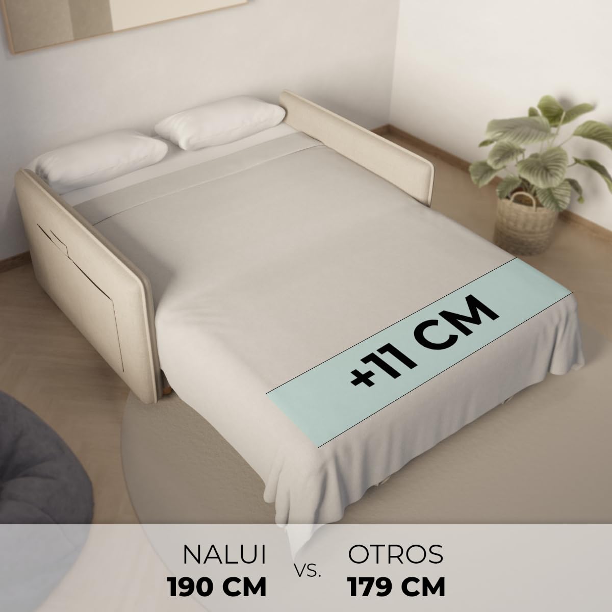 Nalui- Sofa Cama 2 plazas 3 en 1 Nest 2 139x100x80cm con Respaldo Ajustable y 2 Almohadas. Sofa Cama Chaise Longue, Soporta hasta 240Kg. Sofa 2 Plazas Convertible en Cama 120x190cm, Beige
