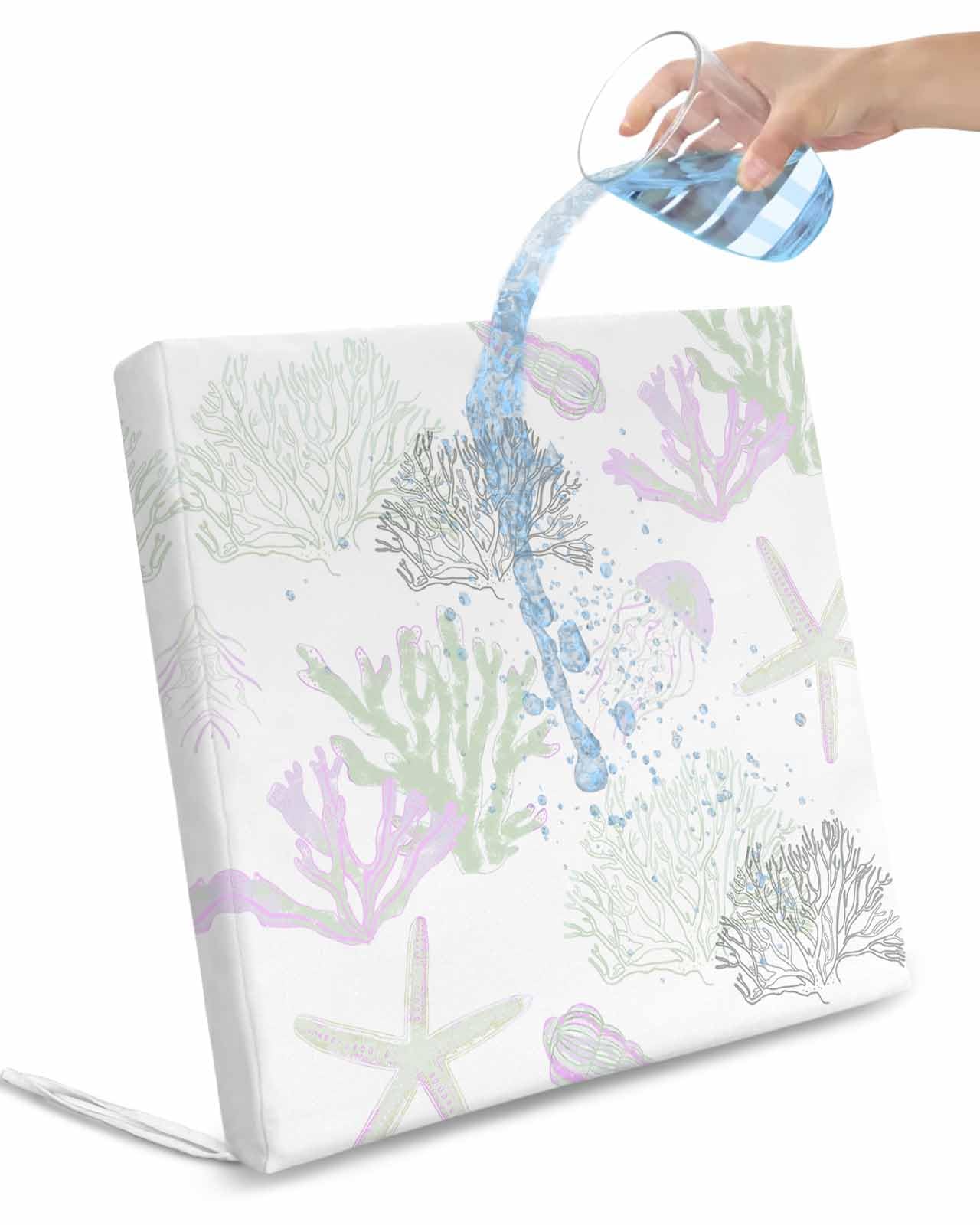 4 Pack Coastal Coral Waterproof Cushion Covers with Ties Outdoor Patio Chair Seat Cushion Slip Covers Replacement(Only Cover) Sage Green Purple Ocean Conch Starfish White 24''x24''x4''