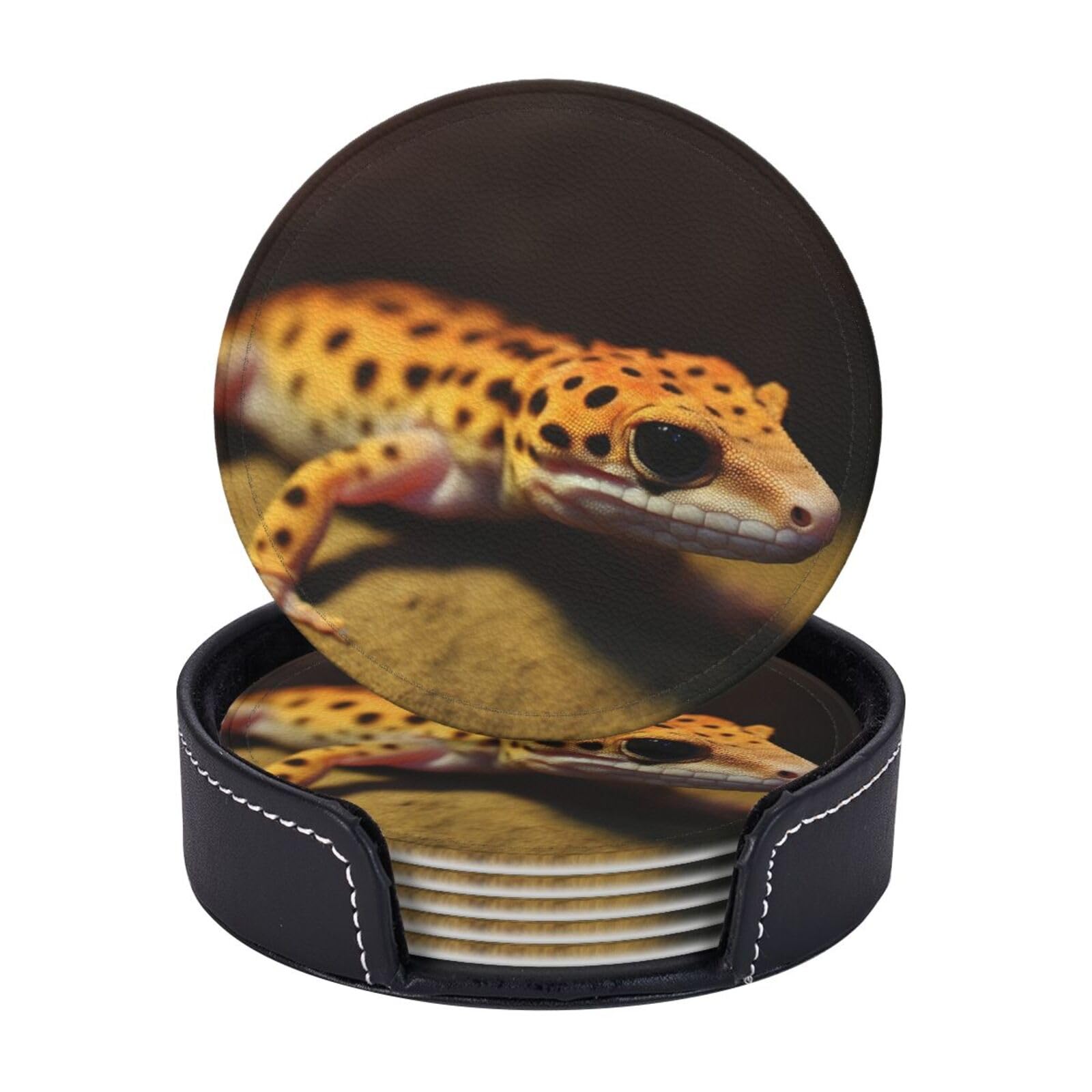 Round Coasters for Drinks Set of 6 - PU Leather Coasters with Holder - Modern Drink Coasters for Coffee Table - Leopard Little Gecko Coaster for Tabletop Protection 4" Cup Mat Pad