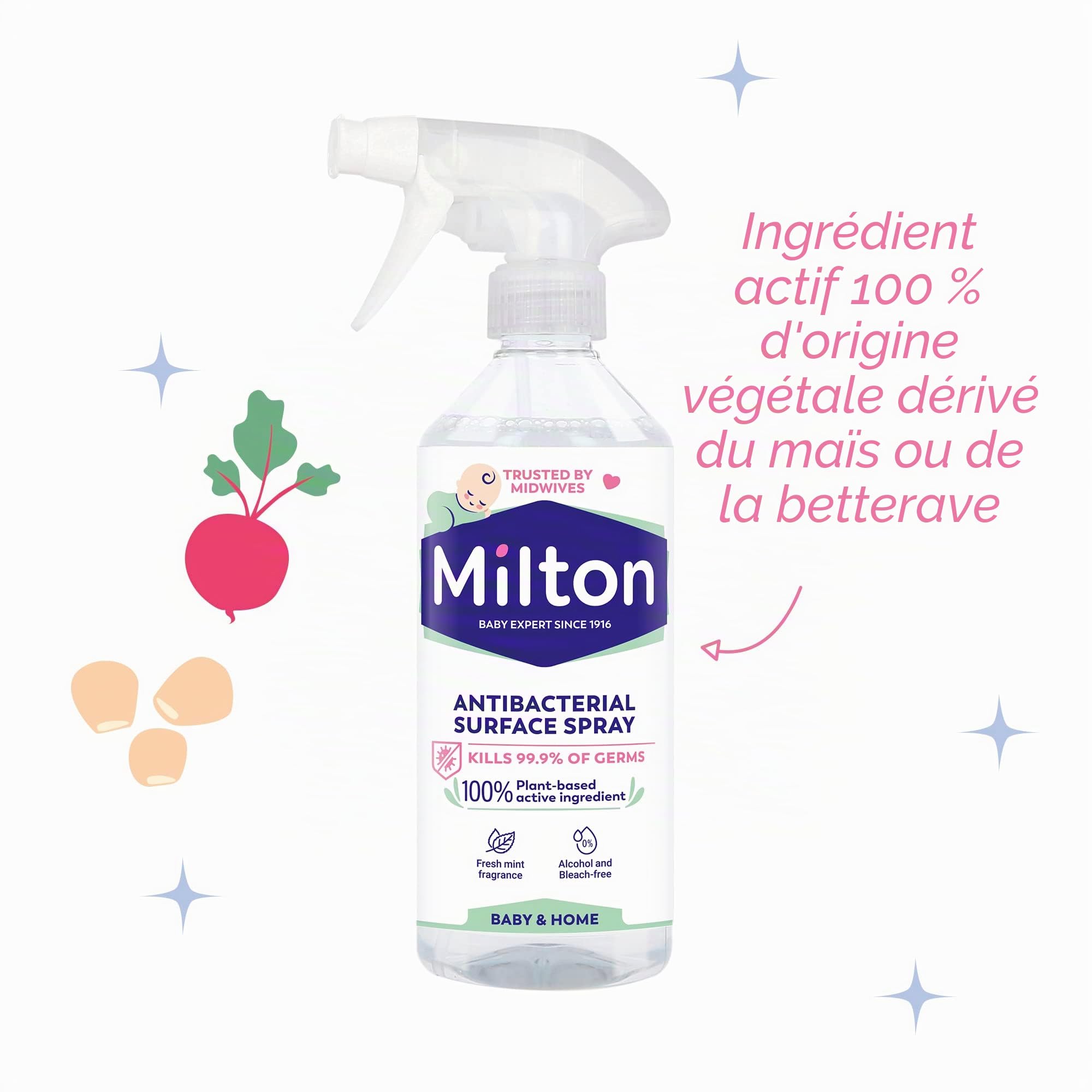 MILTON| Nettoyant Désinfectant Multi Surfaces| Sans Javel |Actif 100% végétale| Pour bébé | Elimine les Virus | Spray | 500ml| Parfum menthe| Fabrication Française