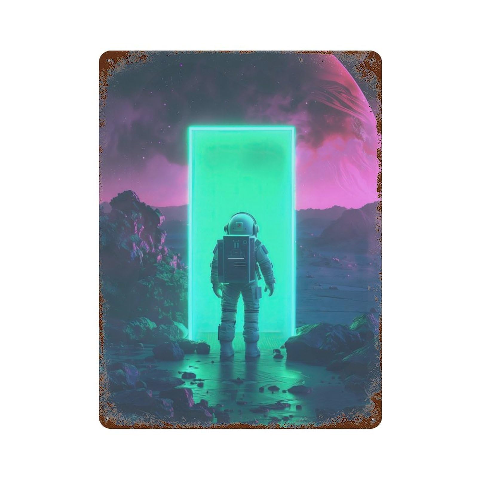 Garage Style Astronaut Cosmic Doorway Distressed Metal Wall Sign 15.7"x11.8", Retro Wall Decor for Bar And Workshop