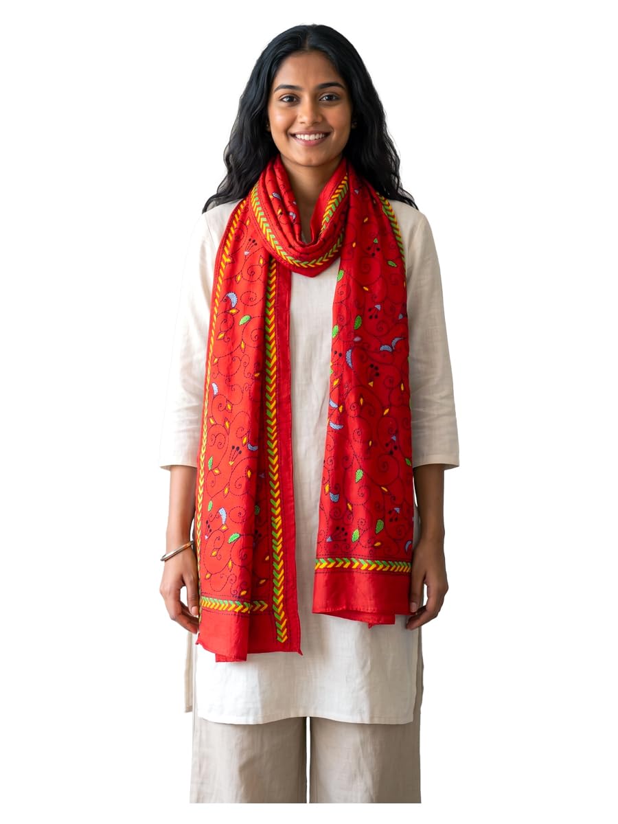 Women's Hand Embroidered Santiniketan Kantha Stitch Art Silk Stole (Red, 2 Metres; (626011)-image-18
