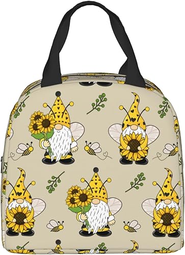 Vista 5 de Lonchera con diseño de gnomos de abejas y girasoles para mujeres y hombres, lonchera aislada para adultos, bolsas de almuerzo reutilizables