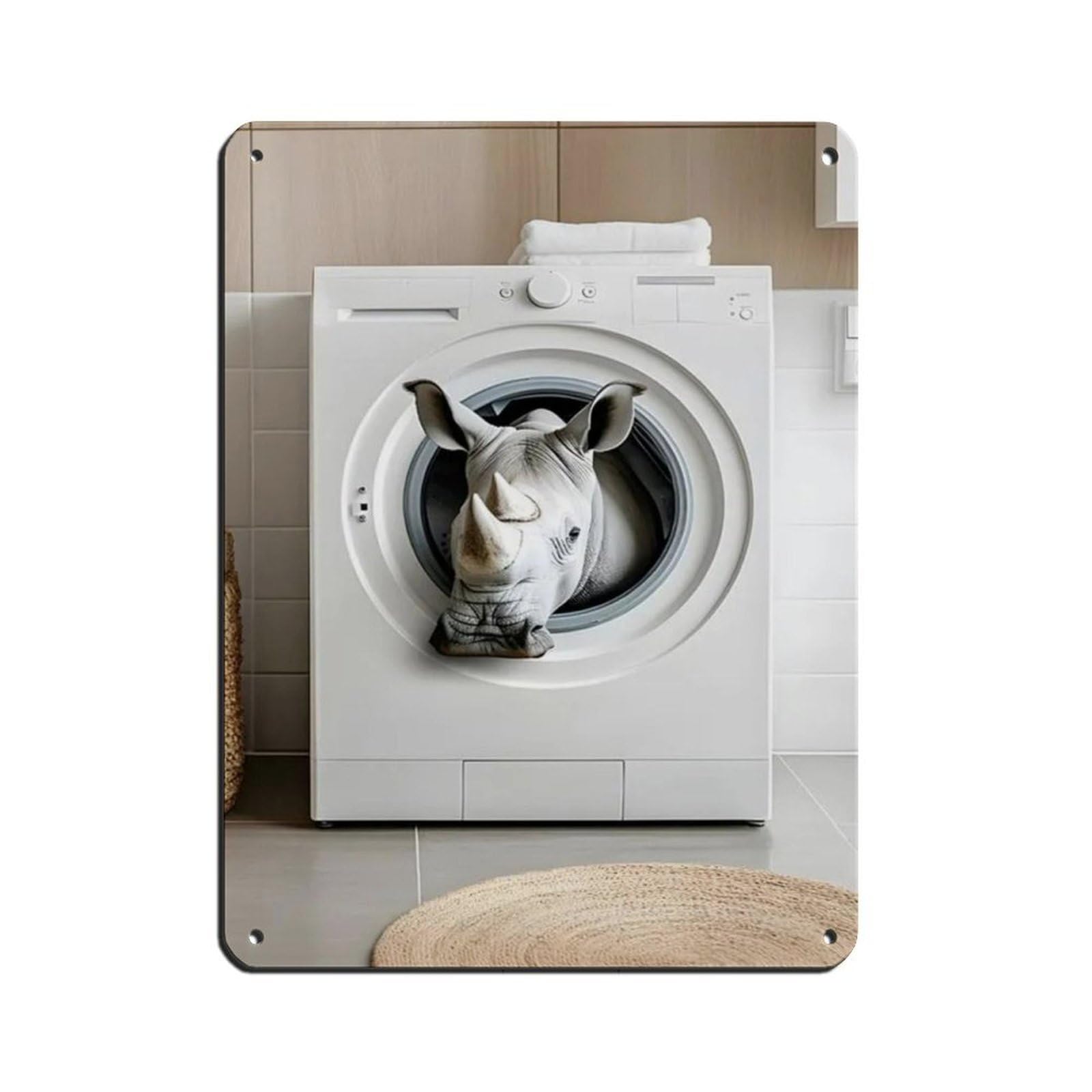 Lxwnze 30L X 40W Cm Rhino In A Washing Machine, Funny Bathroom Art Tin Sign Vintage Metal Pub Club Cafe Bar Home Wall Art Decoration Poster Retro 12X16inch(30X40cm)