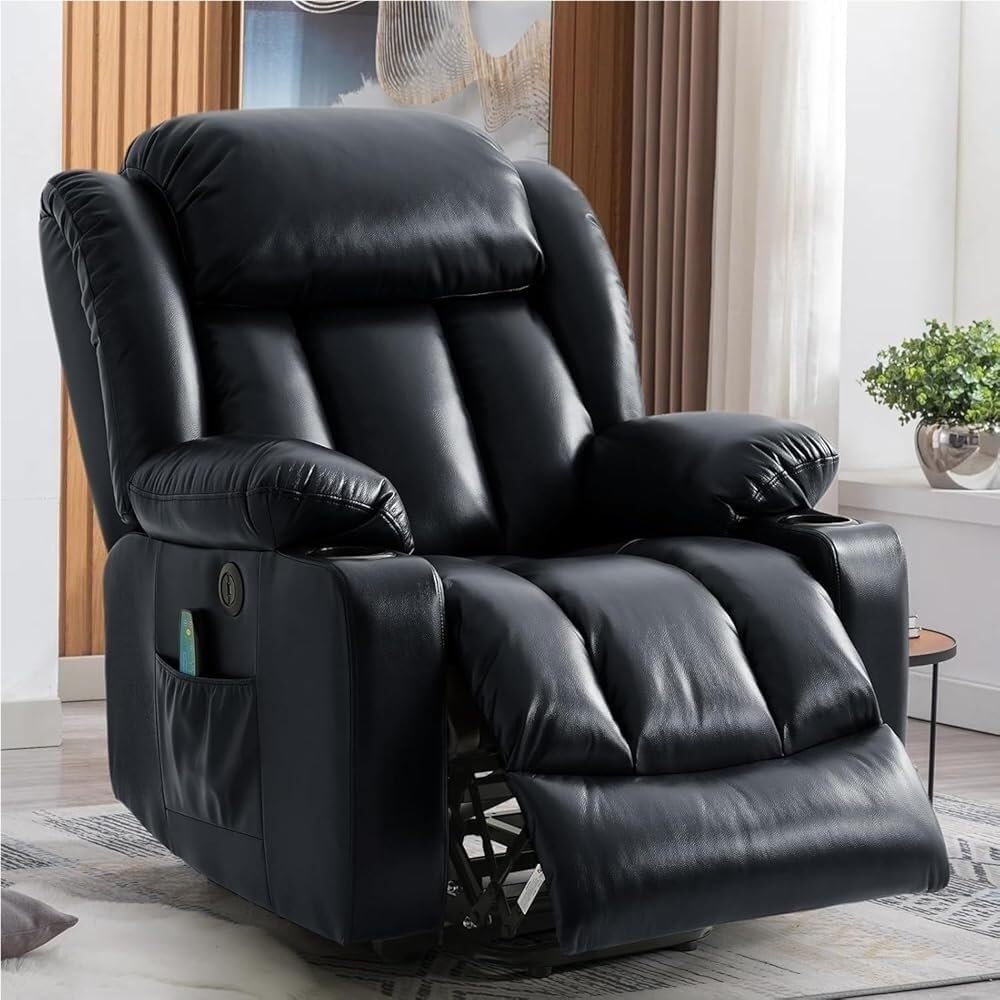 Lift Chair for Home Living Room Electric Massage Heated Leather Recliner Ink Black Power Lift Recliner Chair with Remote Control Elderly Adults USB Ports Cup Holders Side Storage Pockets