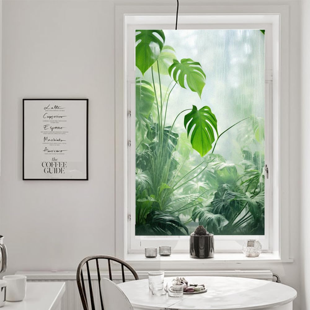 Sichtschutz-Fensterfolie mit grünen Pflanzen-Druck Milchglas statisch Haftend Fensterbehandlungen Glasaufkleber Dekorative Folie für Verkleidung Glastür Wohndekor 88x200cm (34,6"x78,74")