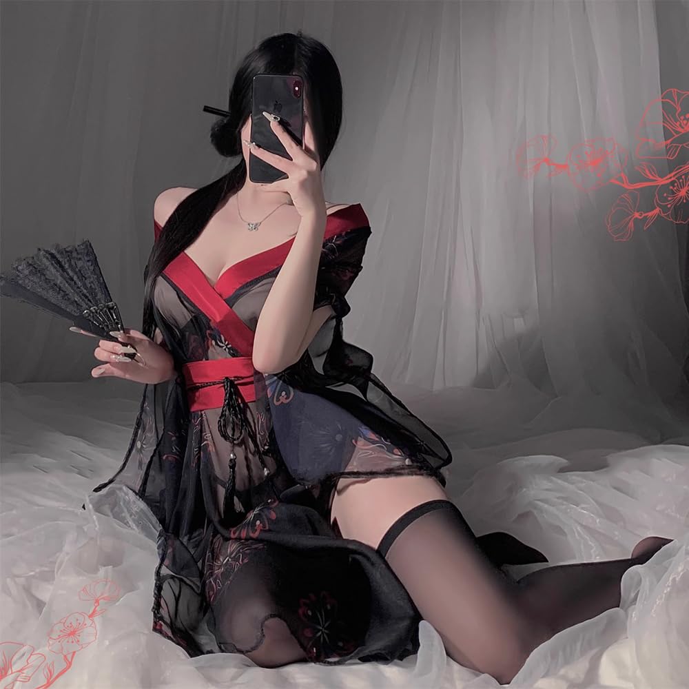 SENJIY sexy kimono lingerie for women costume cosplay robe Perspective Cute open front Deep V-Neck Floral Pattern short dress japanese Yukata Anime Side Slit suit Sleepwear Pajamas outfit set black