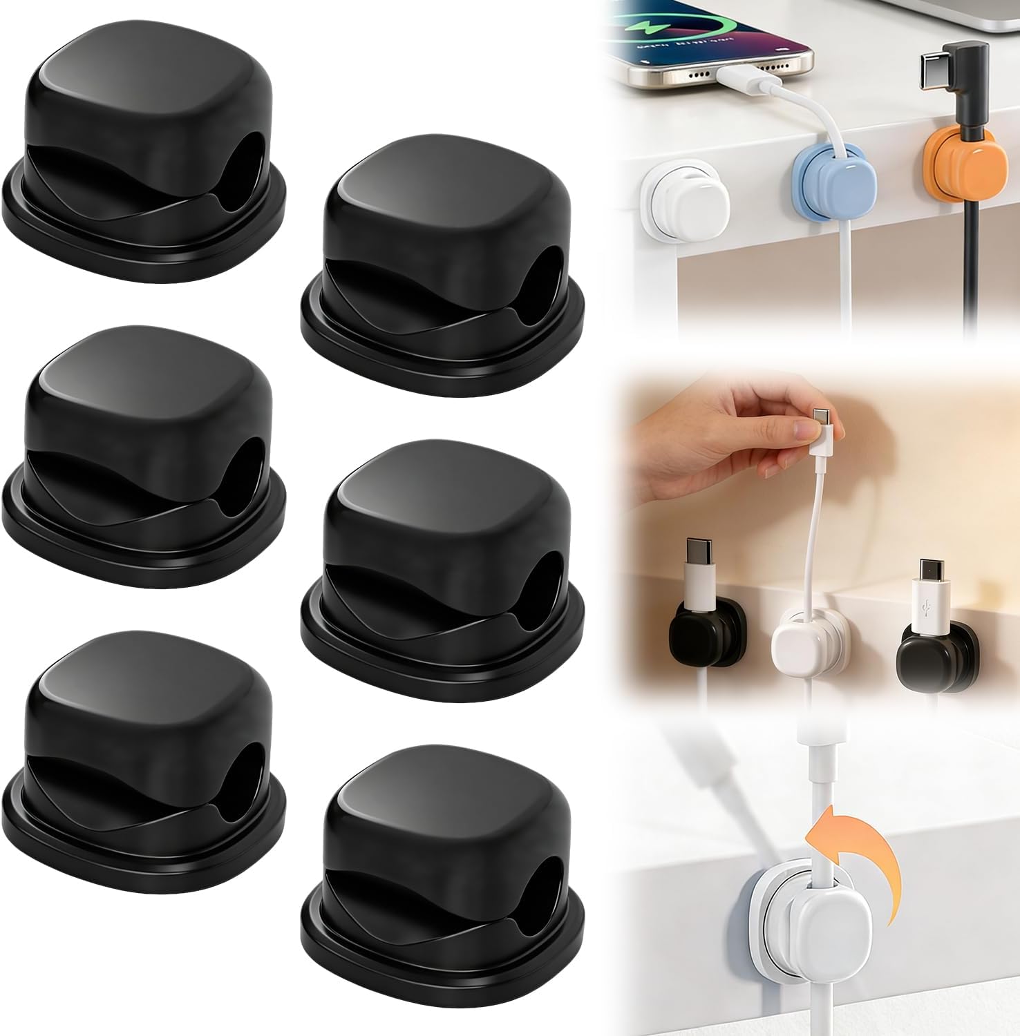 Cord Organizer Holder，2026 New Rotatable Desk Cable Managemen，Adhesive Wire Cable Clips Management Kit for Phone Charger, Home, Computer, Desk, Nightstand，Office (Black (6pack))