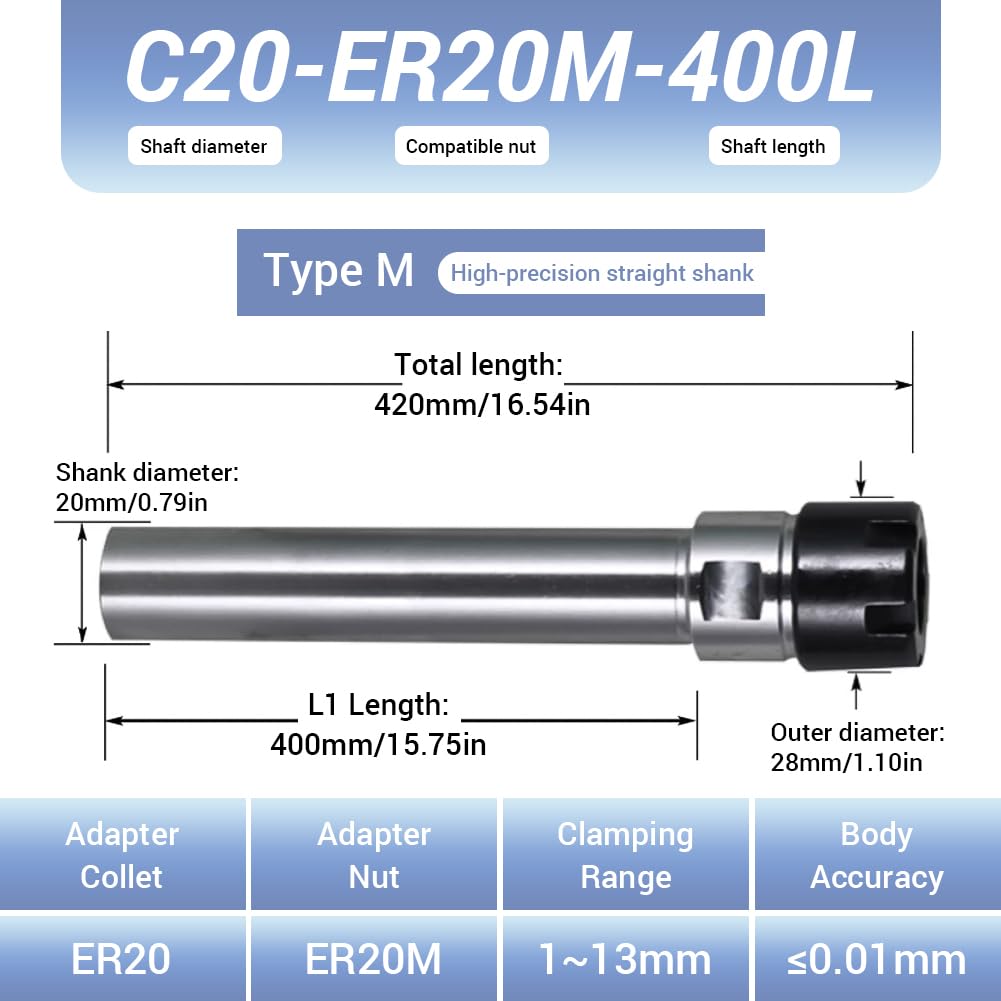 C20-ER20M-400L Spannzangenfutter-Verlängerungskabel, 40CR legierter Stahl mit geradem Schaft, Spannbereich 1–5 mm für CNC-Fräsen von Metall