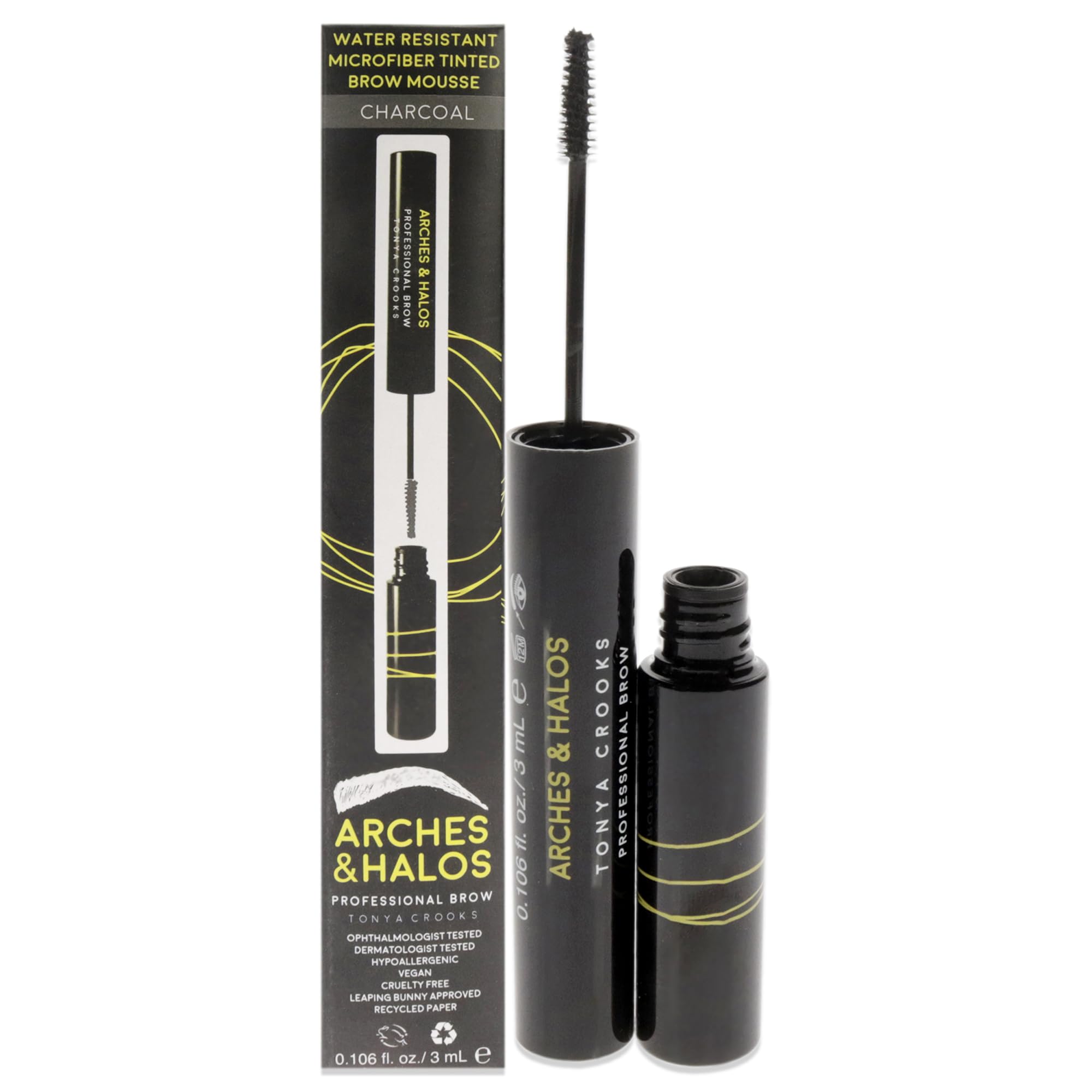 Arches and Halos Microfiber Tinted Brow Mousse - Richly Pigmented Eyebrow Shaper - Water Resistant Filler Pen - Vegan - Charcoal - 0.11 oz Charcoal 0.11 Ounce (Pack of 1)