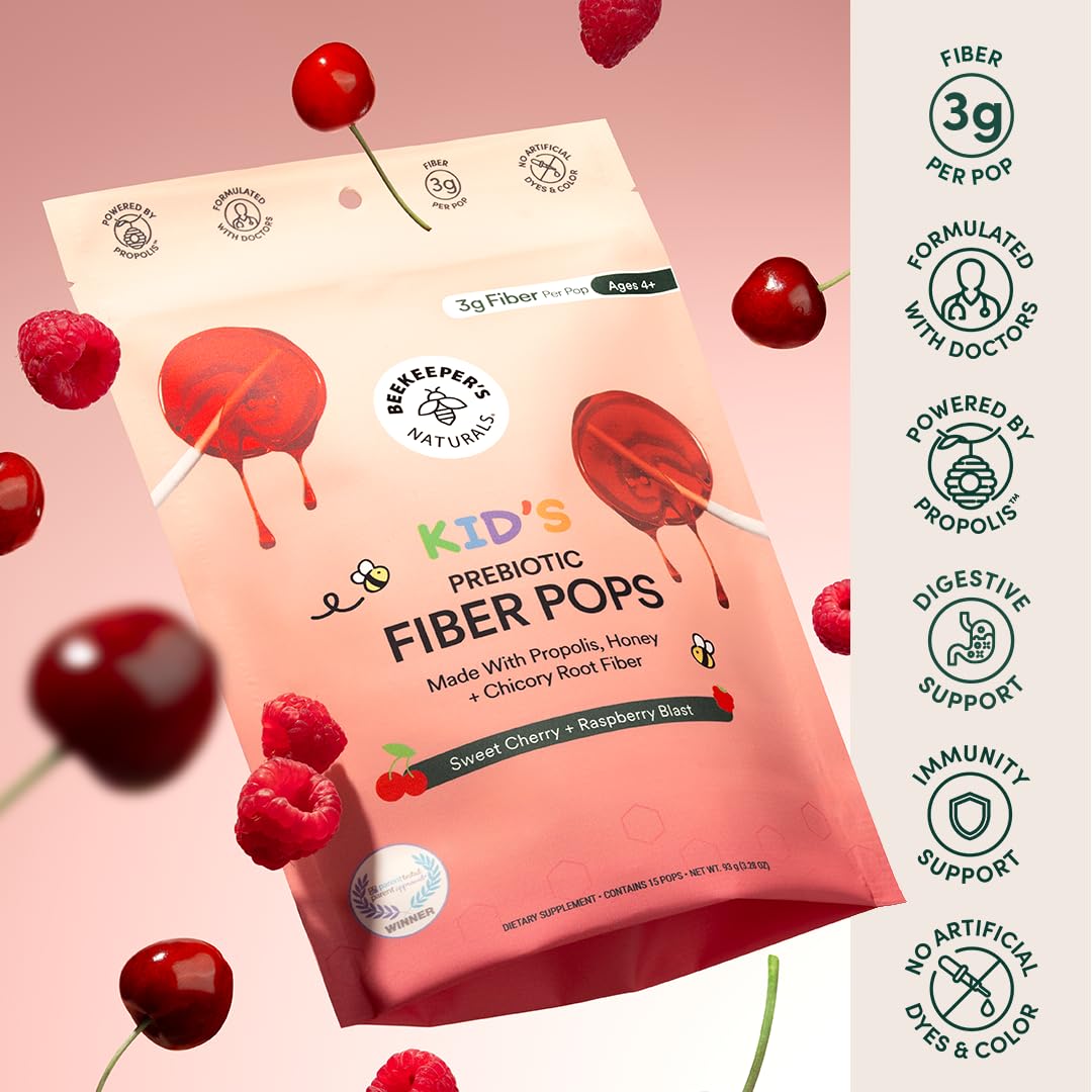 Kids Prebiotic Fiber Lollipops by Beekeeper's Naturals - Doctor Formulated Fiber Supplement, Supports Digestive Regularity, 3g of Fiber & Honey, Raspberry Blast & Sweet Cherry Variety Pack, 15 ct